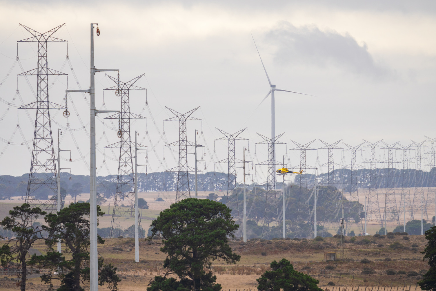 A long field of large electricity transmission towers on a cloudy day